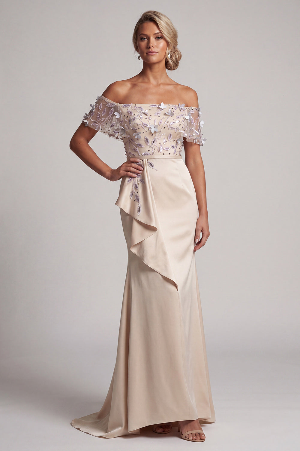 Apricot Floral Long Beaded Mermaid Mother of the Bride Dress with Ruffles