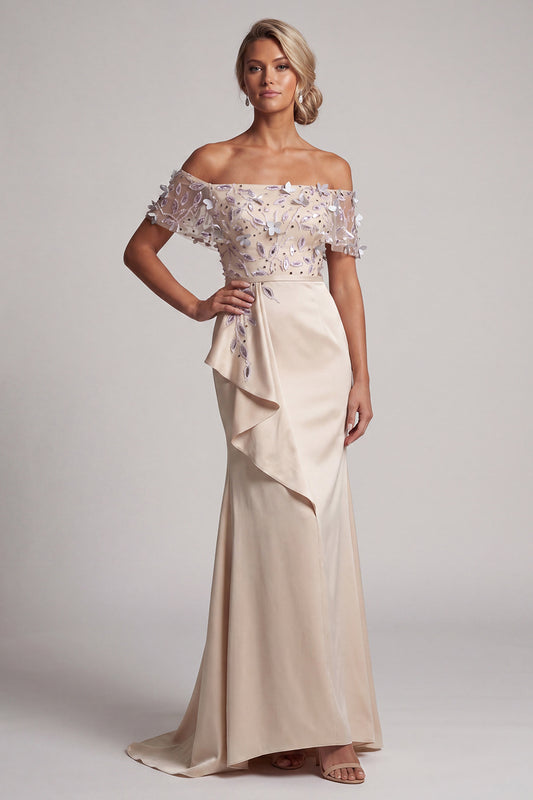Apricot Floral Long Beaded Mermaid Mother of the Bride Dress with Ruffles