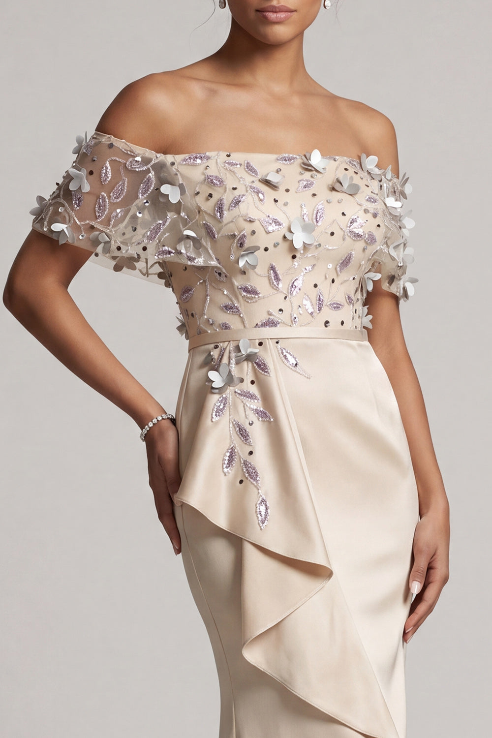 Apricot Floral Long Beaded Mermaid Mother of the Bride Dress with Ruffles