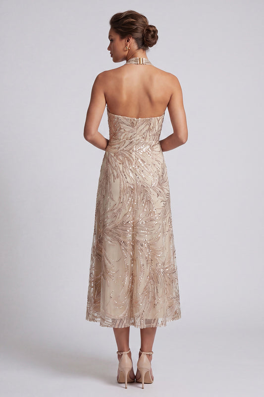 Keyhole A Line Sparkly Champagne Long Beaded Mother of the Bride Dress