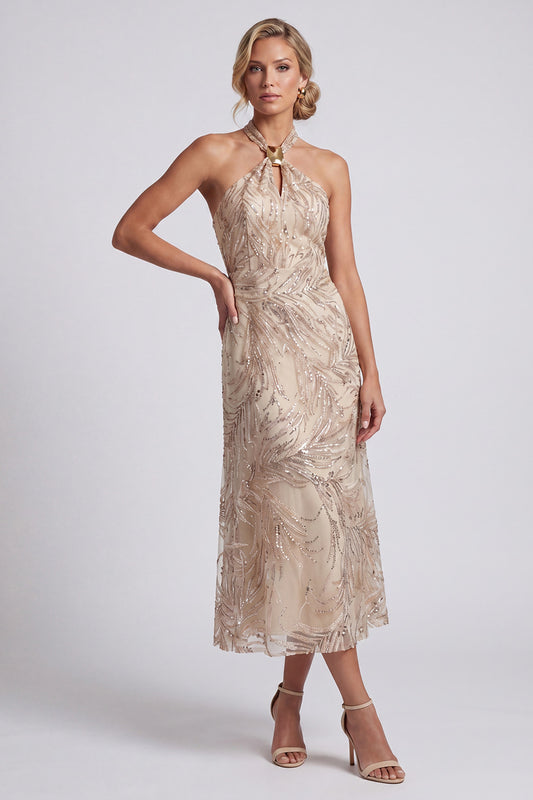 Zapakasa Women Sparkly Champagne Long Mother of the Bride Dress Halter Keyhole Beaded A Line Wedding Guest Dress Zapakasa Women Sparkly Champagne Long Mother of the Bride Dress Halter Keyhole Beaded A Line Wedding Guest Dress