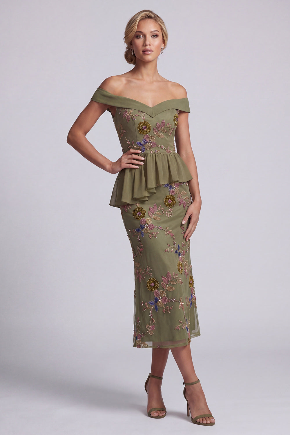Olive Long Floral Mermaid Beaded Mother of the Bride Dress with Ruffles