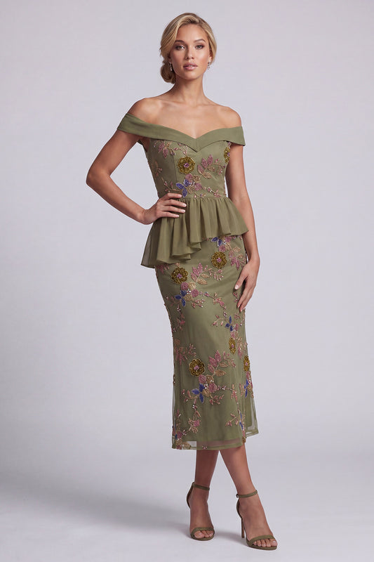 Olive Long Floral Mermaid Beaded Mother of the Bride Dress with Ruffles