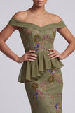 Olive Long Floral Mermaid Beaded Mother of the Bride Dress with Ruffles