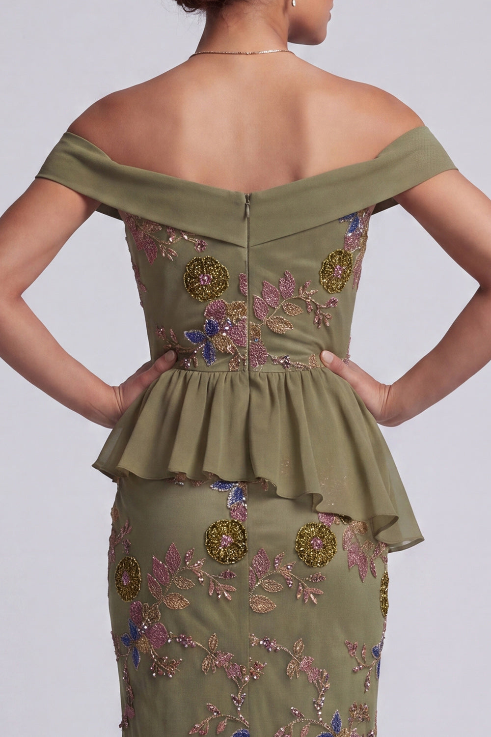 Olive Long Floral Mermaid Beaded Mother of the Bride Dress with Ruffles