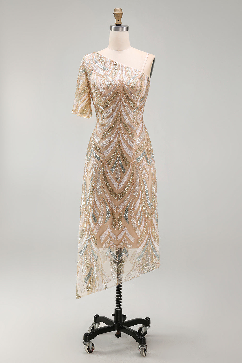Sparkly Champagne One Shoulder Long Beaded Mother of the Bride Dress