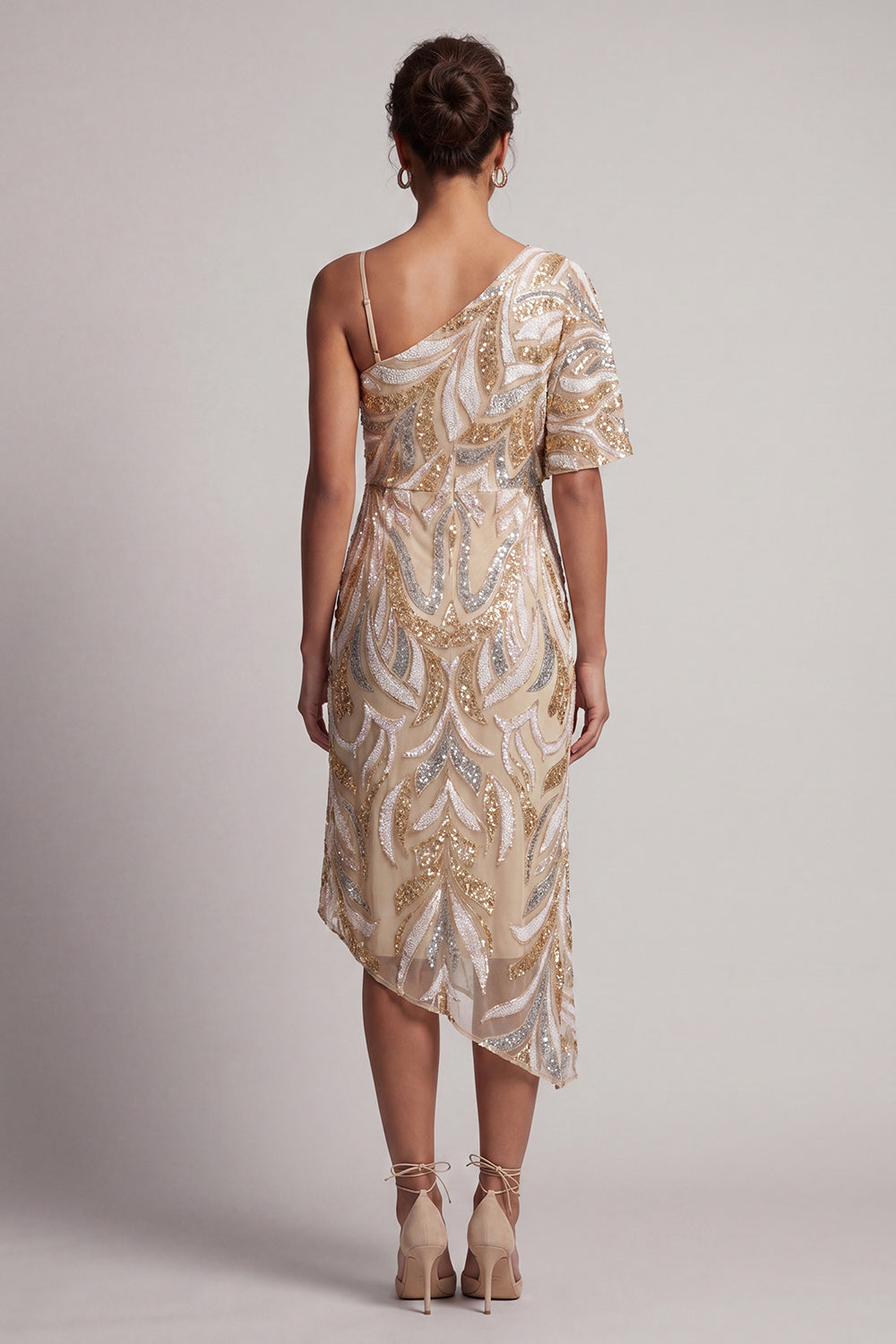 Sparkly Champagne One Shoulder Long Beaded Mother of the Bride Dress