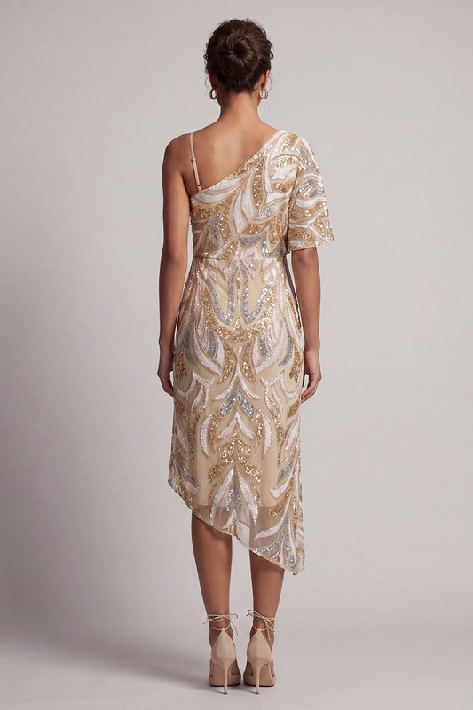 Sparkly Champagne One Shoulder Long Beaded Mother of the Bride Dress