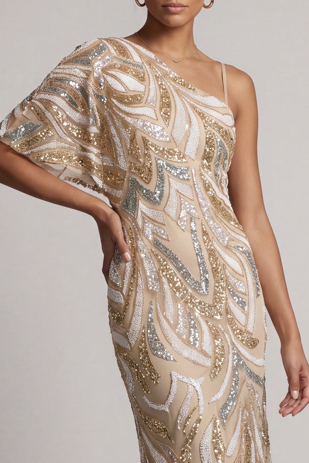 Sparkly Champagne One Shoulder Long Beaded Mother of the Bride Dress