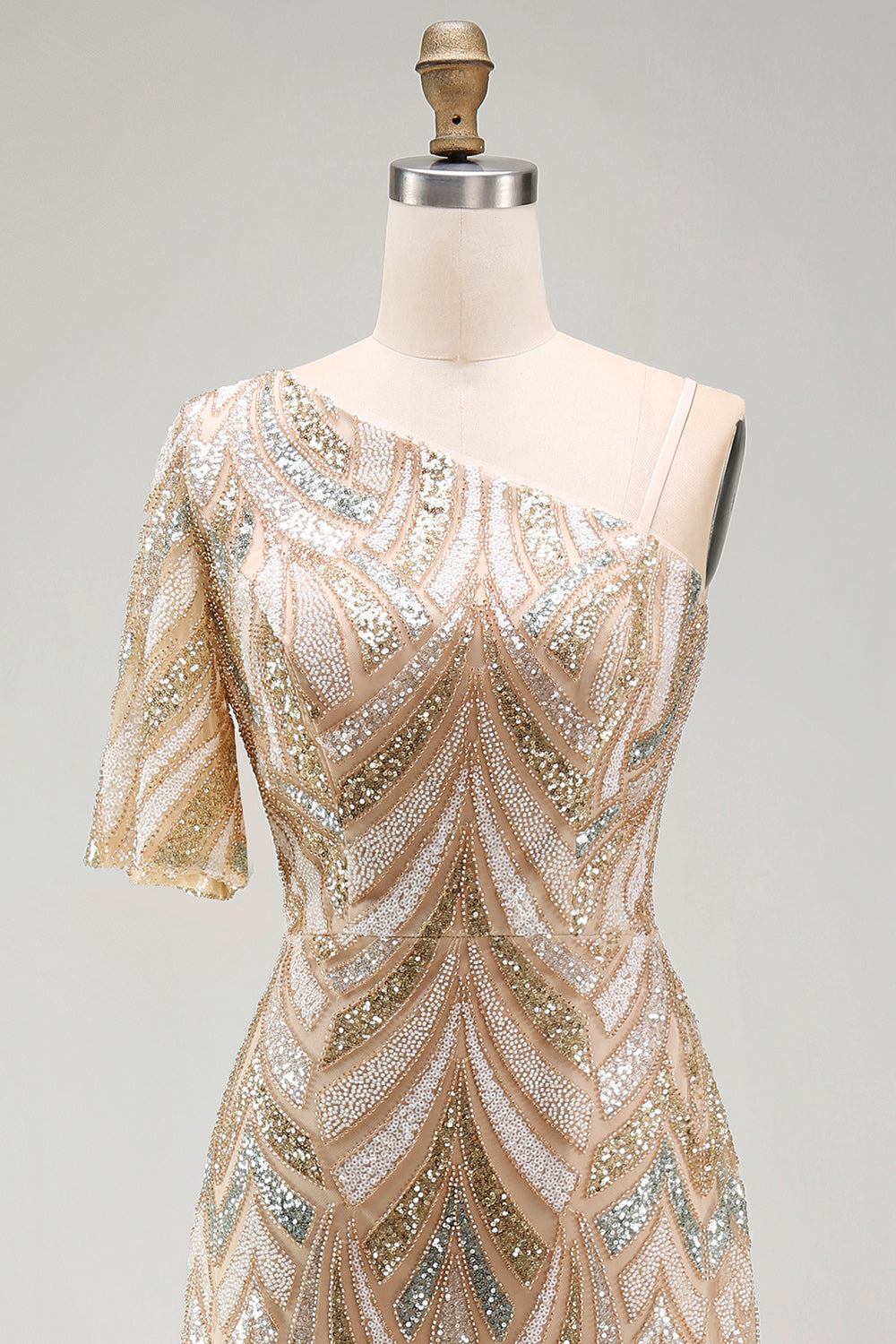 Sparkly Champagne One Shoulder Long Beaded Mother of the Bride Dress