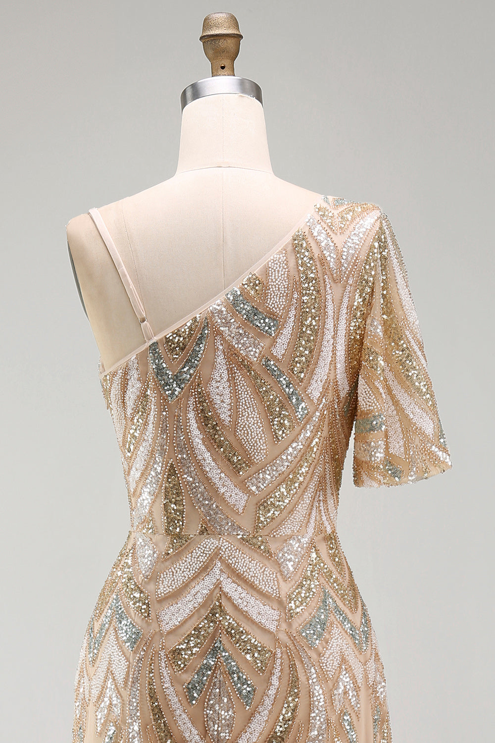 Sparkly Champagne One Shoulder Long Beaded Mother of the Bride Dress