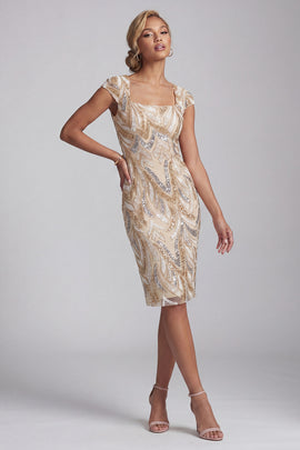Zapakasa Women Sparkly Champagne Midi Beaded Mother of the Bride Dress  Square Neck Cap Sleeves Bodycon Wedding Guest Dress