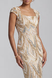 Square Neck Sparkly Champagne Midi Beaded Mother of the Bride Dress