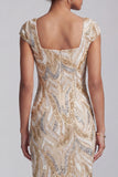 Square Neck Sparkly Champagne Midi Beaded Mother of the Bride Dress