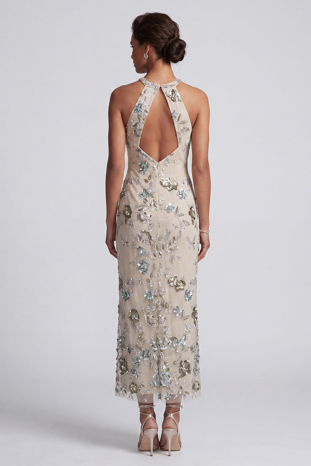 Sparkly Grey Blue Floral Sheath Keyhole Long Beaded Mother of the Bride Dress