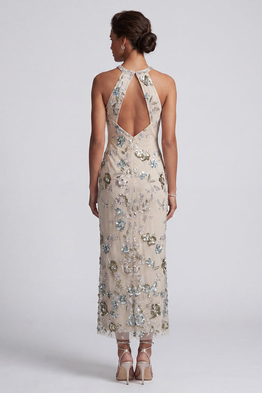 Sparkly Grey Blue Floral Sheath Keyhole Long Beaded Mother of the Bride Dress