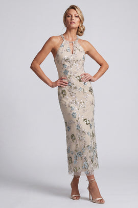 Sparkly Grey Blue Floral Sheath Keyhole Long Beaded Mother of the Bride Dress