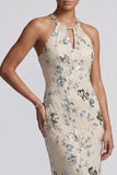 Sparkly Grey Blue Floral Sheath Keyhole Long Beaded Mother of the Bride Dress