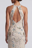 Sparkly Grey Blue Floral Sheath Keyhole Long Beaded Mother of the Bride Dress