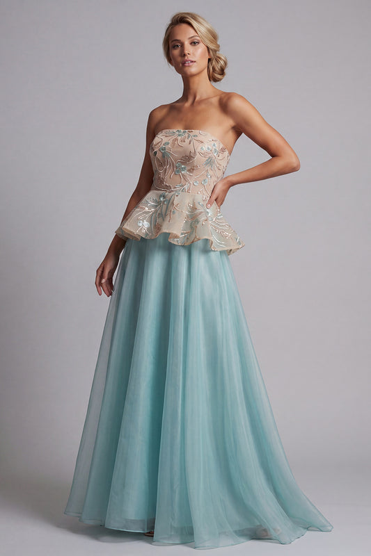 Sparkly Lake Blue Floral Long Beaded Mother of the Bride Dress with Ruffles