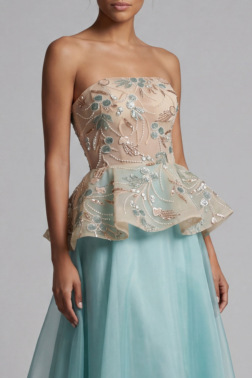 Sparkly Lake Blue Floral Long Beaded Mother of the Bride Dress with Ruffles