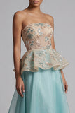 Sparkly Lake Blue Floral Long Beaded Mother of the Bride Dress with Ruffles