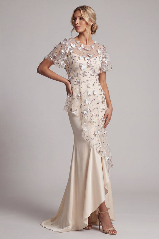 Beaded Mermaid Apricot Floral Long Mother of the Bride Dress with Ruffles