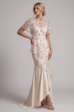 Beaded Mermaid Apricot Floral Long Mother of the Bride Dress with Ruffles