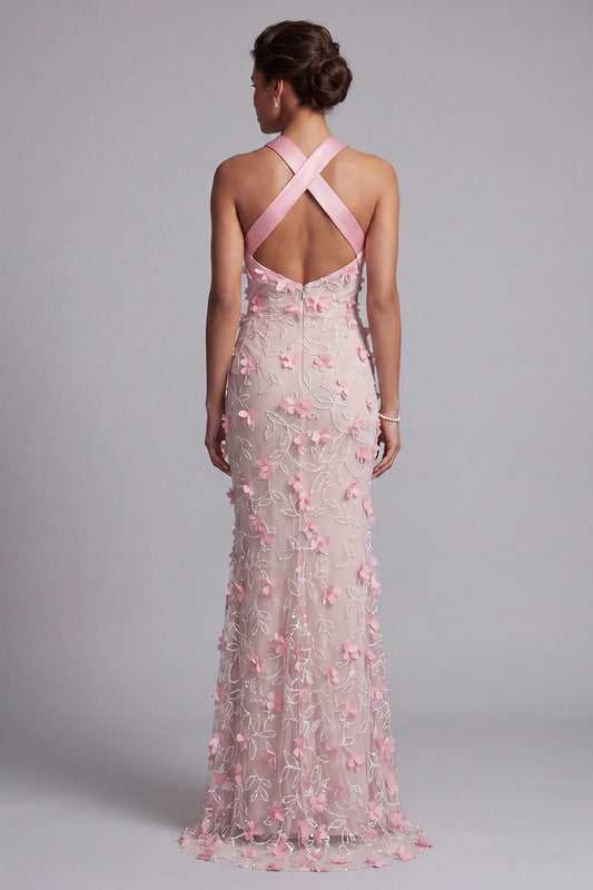 Pink Long Floral Mermaid Halter Beaded Mother of the Bride Dress