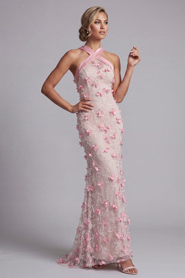 Pink Long Floral Mermaid Halter Beaded Mother of the Bride Dress