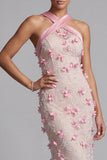 Pink Long Floral Mermaid Halter Beaded Mother of the Bride Dress