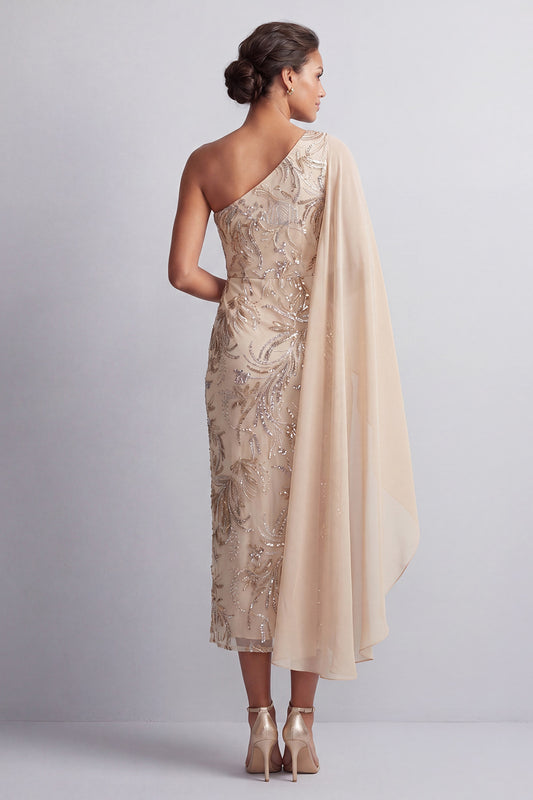 Sparkly Champagne Long Beaded Mother of the Bride Dress with Side Cape
