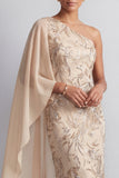 Sparkly Champagne Long Beaded Mother of the Bride Dress with Side Cape