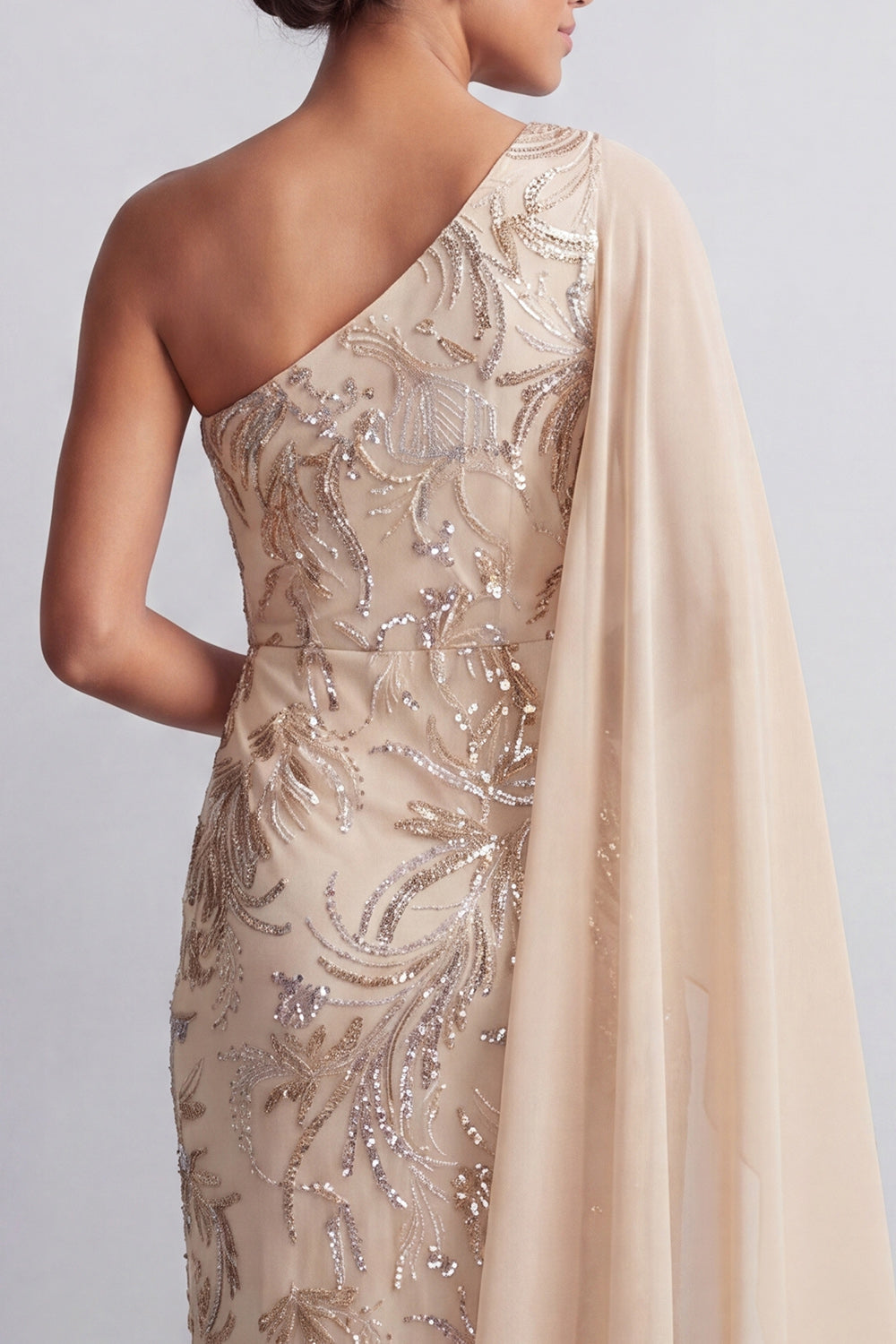 Sparkly Champagne Long Beaded Mother of the Bride Dress with Side Cape