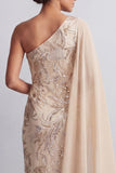 Sparkly Champagne Long Beaded Mother of the Bride Dress with Side Cape