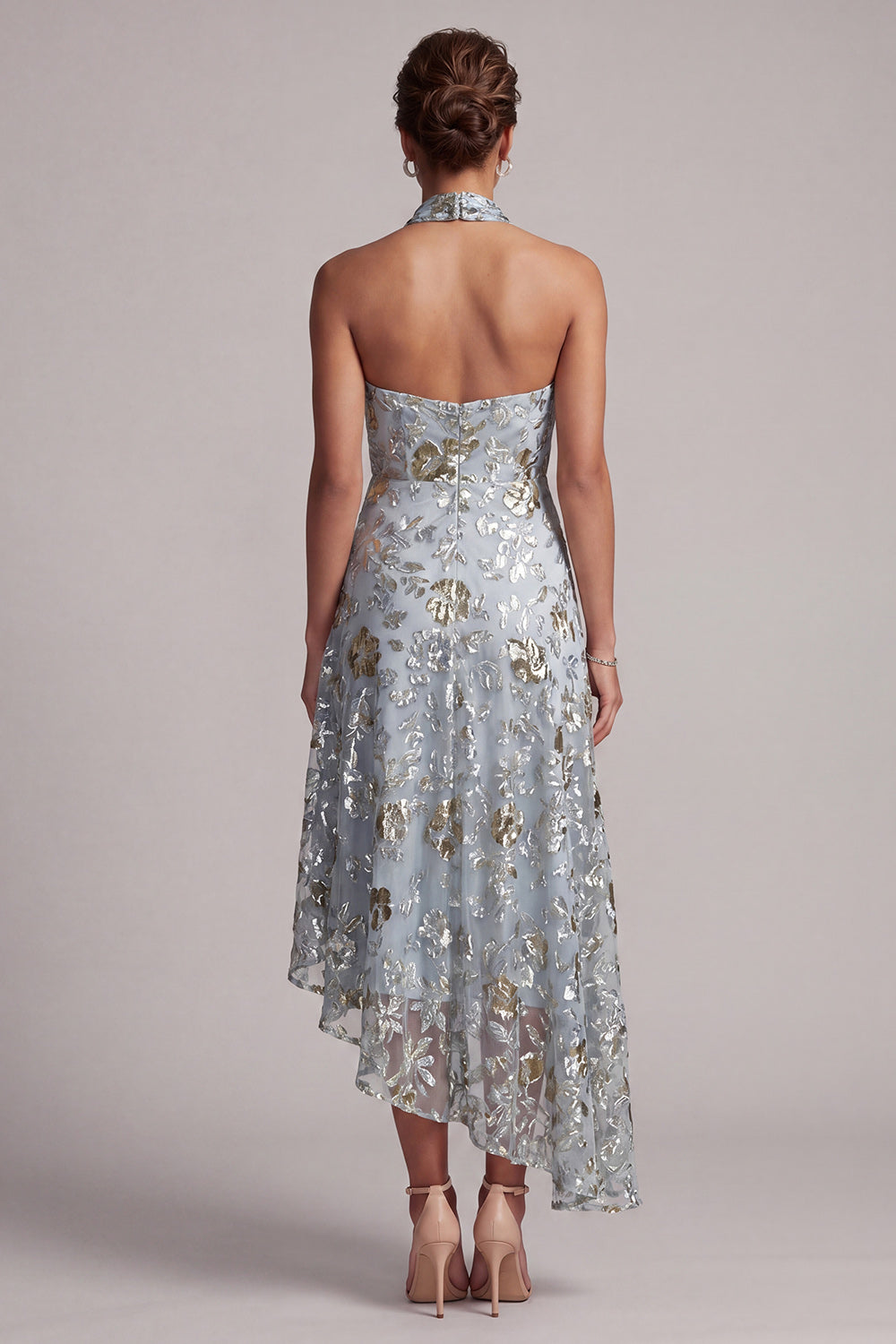 Zapakasa Women Sparkly Grey Blue Asymmetrical Floral Beaded Mother of the Bride  Dress Halter Keyhole A Line Mother of the Groom Dress