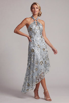 Zapakasa Women Sparkly Grey Blue Asymmetrical Floral Beaded Mother
