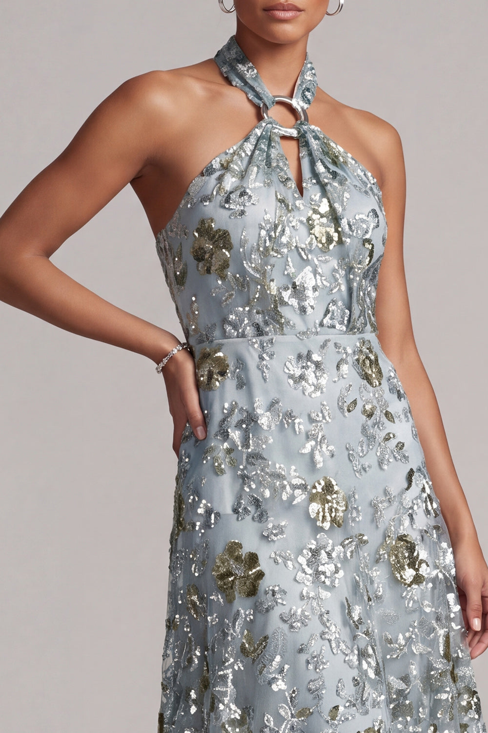 A Line Asymmetrical Sparkly Grey Blue Floral Beaded Mother of the Bride Dress