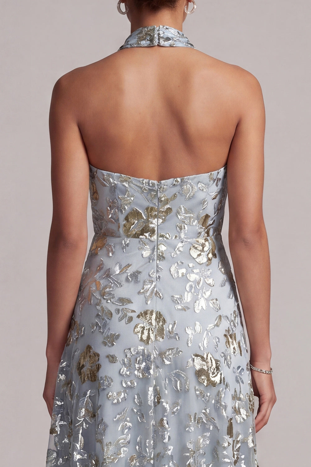 A Line Asymmetrical Sparkly Grey Blue Floral Beaded Mother of the Bride Dress