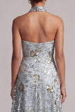 A Line Asymmetrical Sparkly Grey Blue Floral Beaded Mother of the Bride Dress