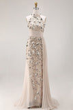 Beaded Mermaid Apricot Floral Long Mother of the Bride Dress with Side Cape