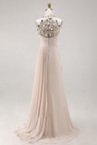 Beaded Mermaid Apricot Floral Long Mother of the Bride Dress with Side Cape