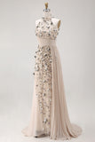 Beaded Mermaid Apricot Floral Long Mother of the Bride Dress with Side Cape