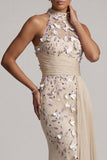 Beaded Mermaid Apricot Floral Long Mother of the Bride Dress with Side Cape