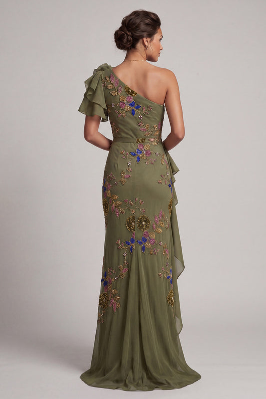 Mermaid Beaded Olive Long Floral Mother of the Bride Dress with Ruffles