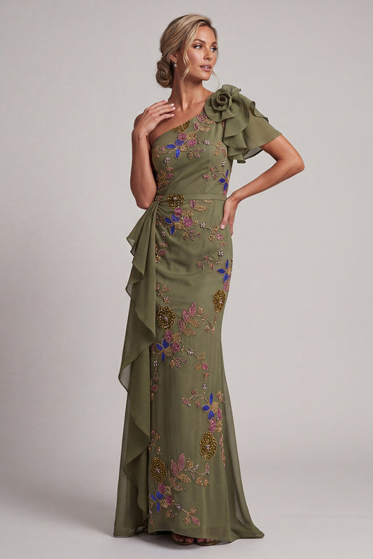 Mermaid Beaded Olive Long Floral Mother of the Bride Dress with Ruffles