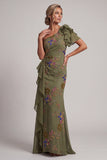Mermaid Beaded Olive Long Floral Mother of the Bride Dress with Ruffles
