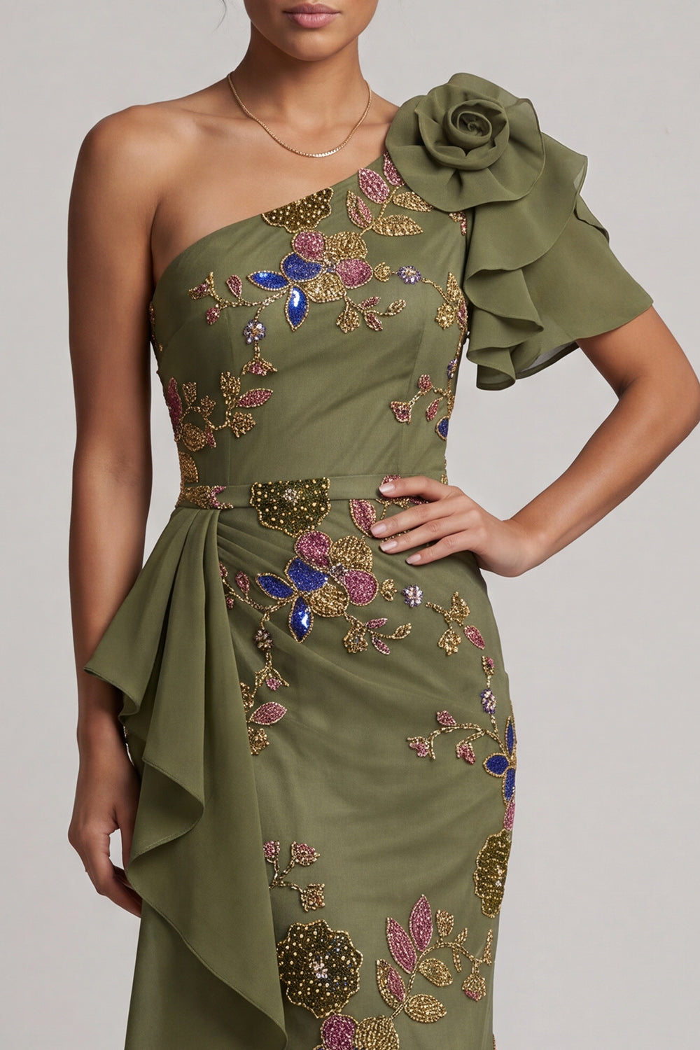 Mermaid Beaded Olive Long Floral Mother of the Bride Dress with Ruffles