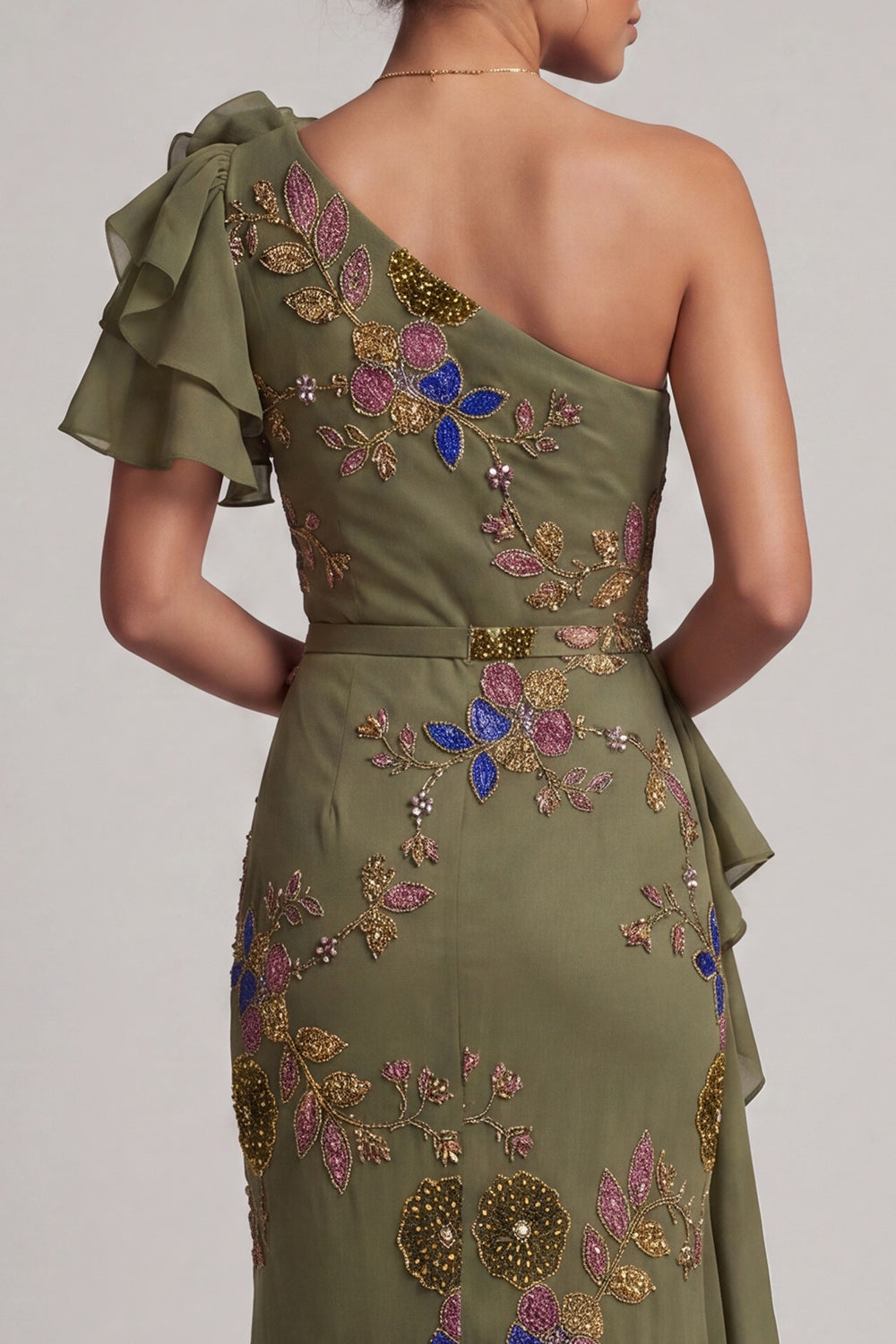 Mermaid Beaded Olive Long Floral Mother of the Bride Dress with Ruffles