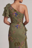 Mermaid Beaded Olive Long Floral Mother of the Bride Dress with Ruffles